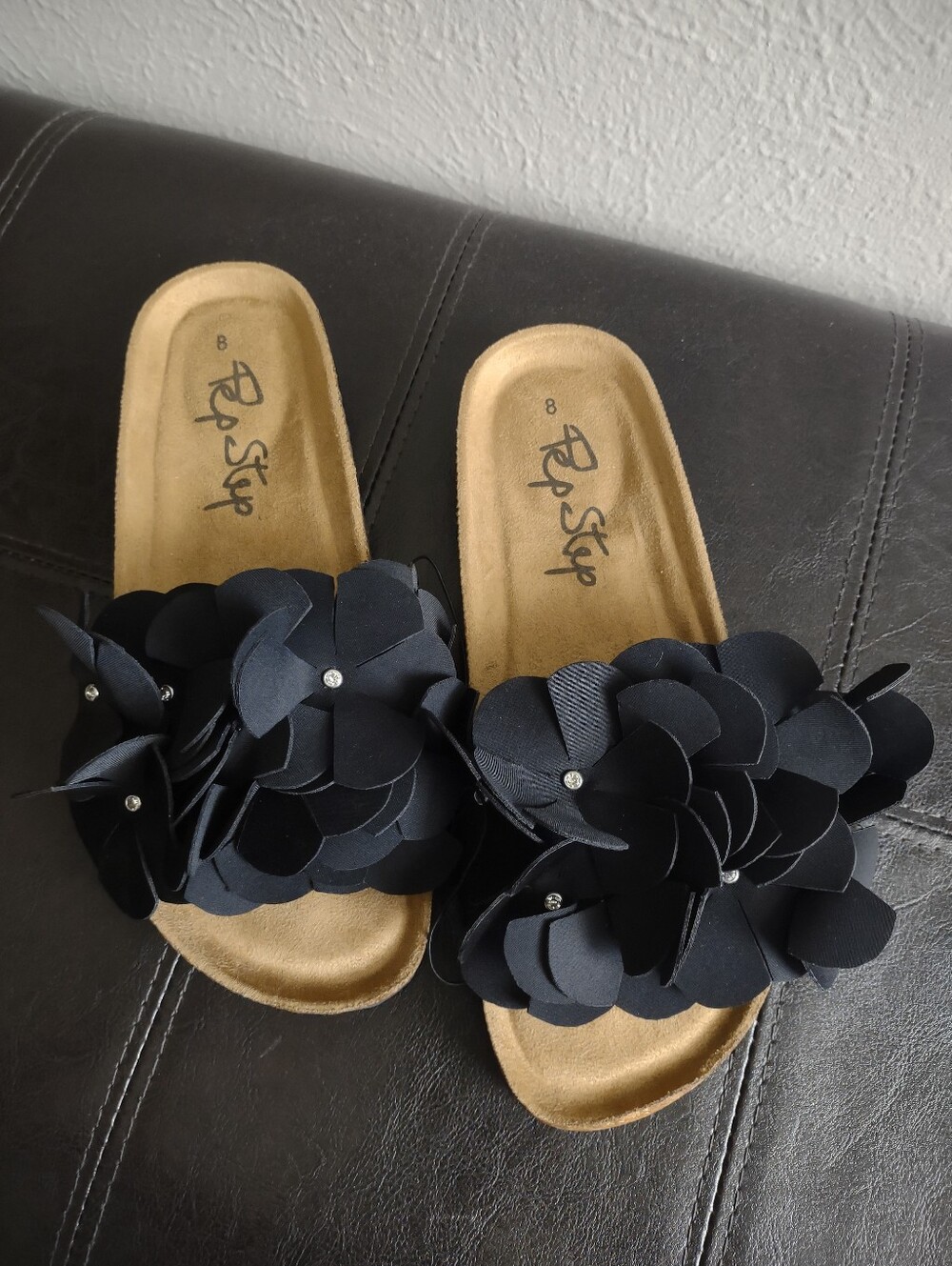 ​Pep Step Black Floral Slide Sandals Women's Size 8 NWT Cork Footbed